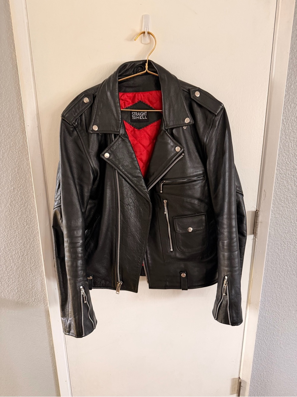 Straight to Hell Black Leather Biker Jacket with Red Lining